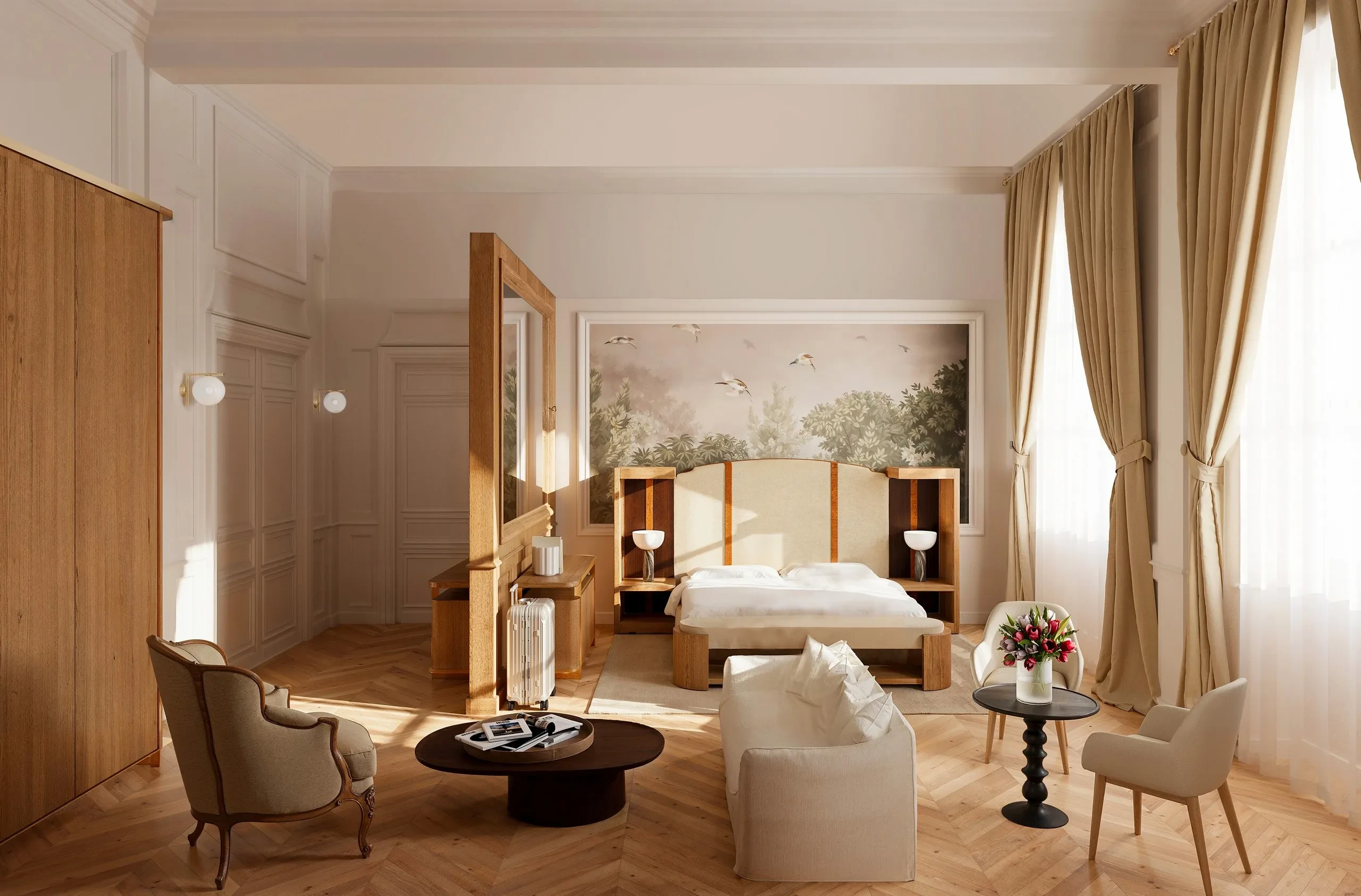 Elegant sunlit bedroom with wooden furniture and mural